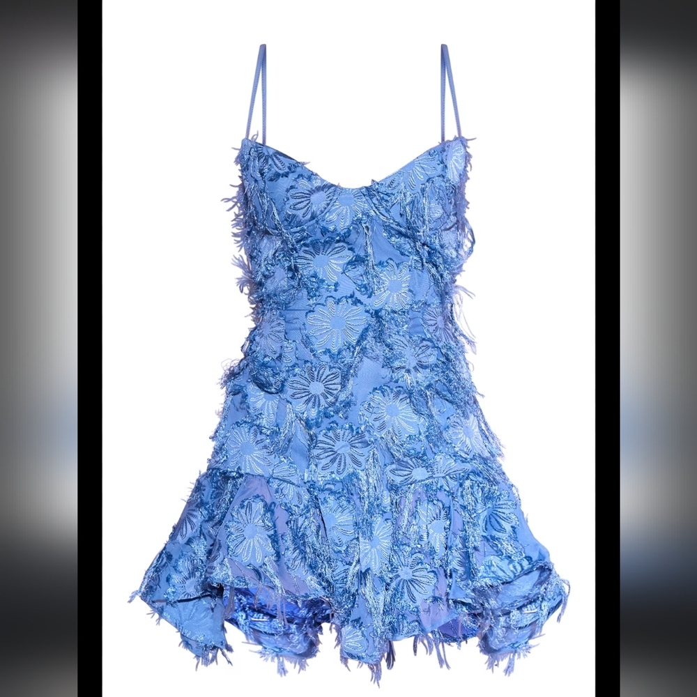Prettylitlething Steeel Blue Eyelash V Neck Hem Mini  Dress Size 12 [B5]